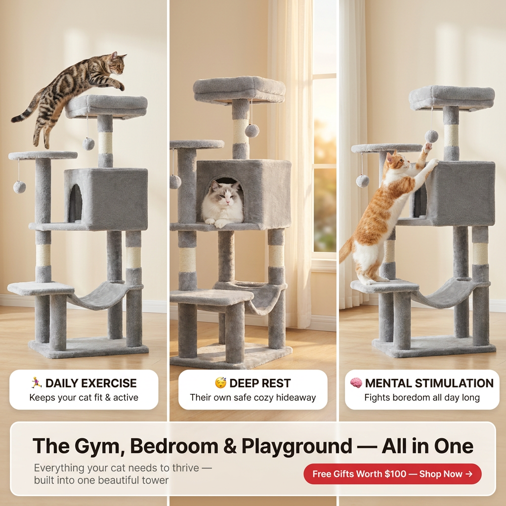 44 inch Cat Tree Tower, Multi-Cat Climbing Tower with, Natural Sisal Scratching Posts, Extended Platform, Hammock