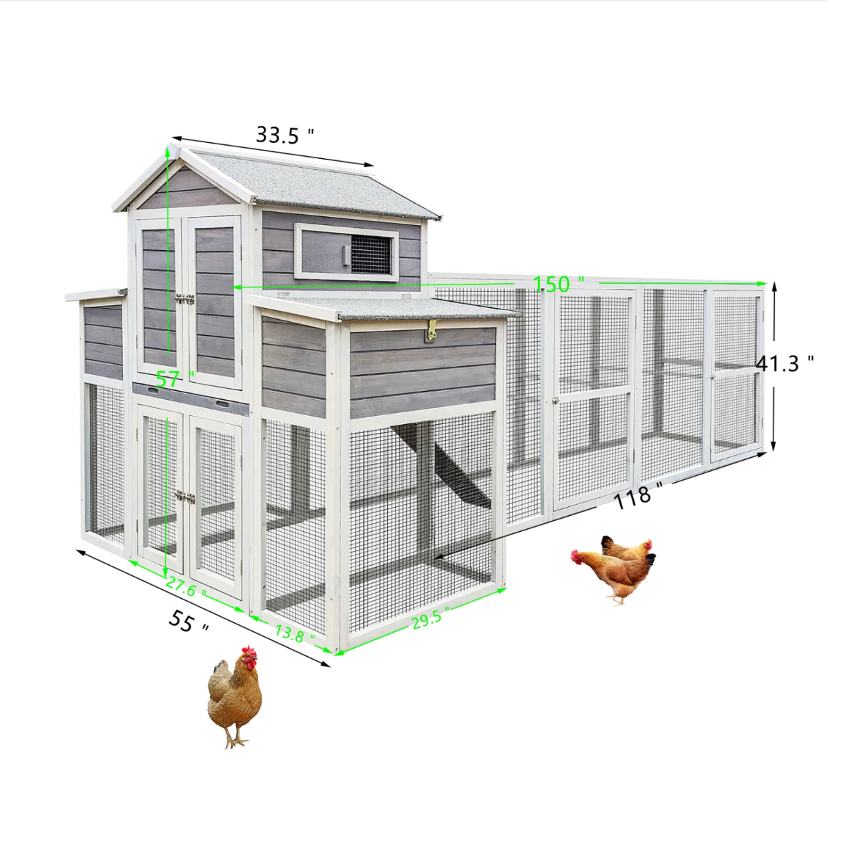 Large Chicken Coop Outdoor Wooden – Extra Large Hen House for 6-10 Chickens with Extended Run, 2 Nesting Boxes, Asphalt Roof & Rust-Proof Wire
