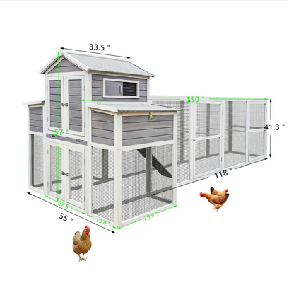 Large Chicken Coop Outdoor Wooden – Extra Large Hen House for 6-10 Chickens with Extended Run, 2 Nesting Boxes, Asphalt Roof & Rust-Proof Wire