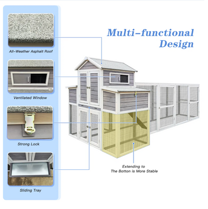 Large Chicken Coop Outdoor Wooden – Extra Large Hen House for 6-10 Chickens with Extended Run, 2 Nesting Boxes, Asphalt Roof & Rust-Proof Wire