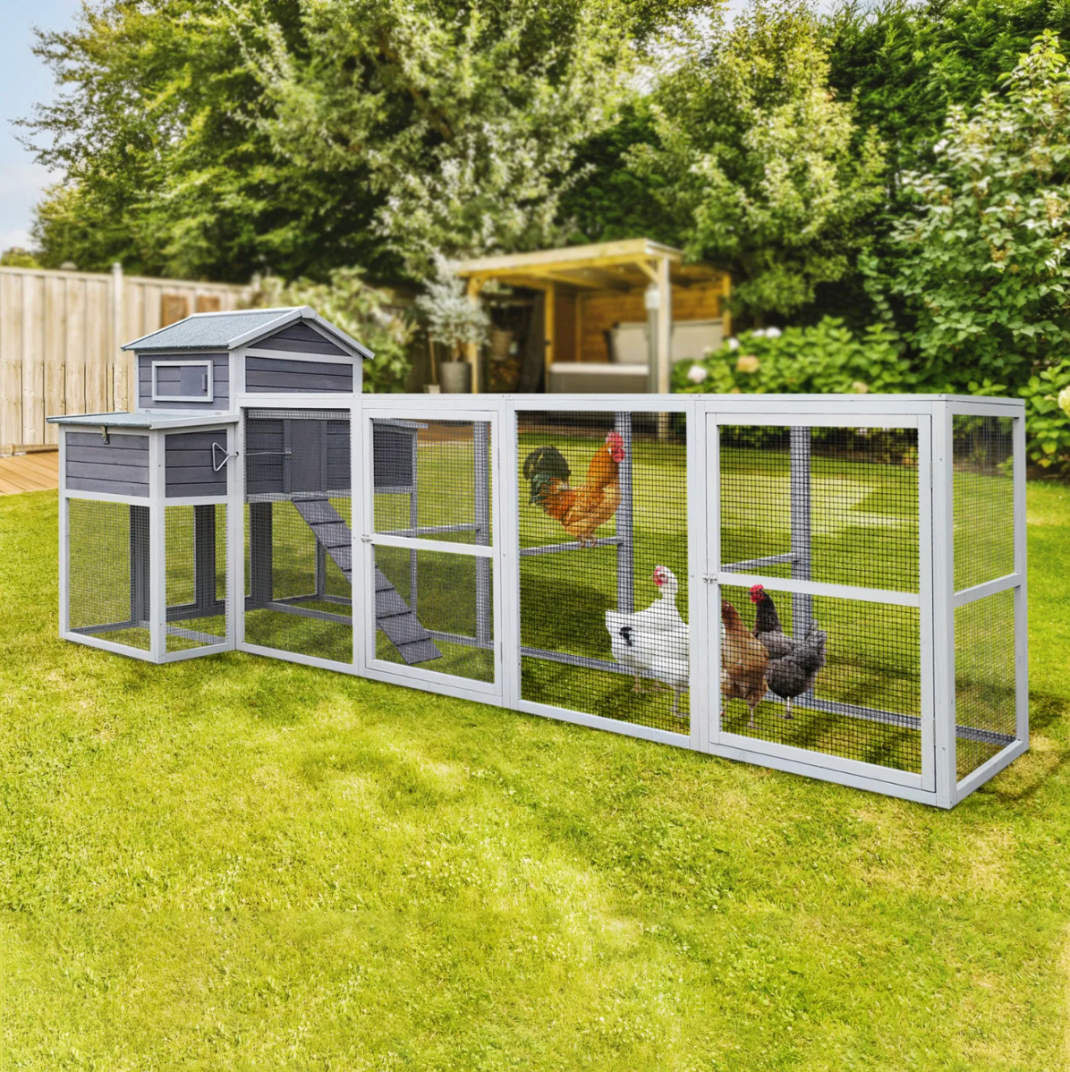 Large Chicken Coop Outdoor Wooden – Extra Large Hen House for 6-10 Chickens with Extended Run, 2 Nesting Boxes, Asphalt Roof & Rust-Proof Wire