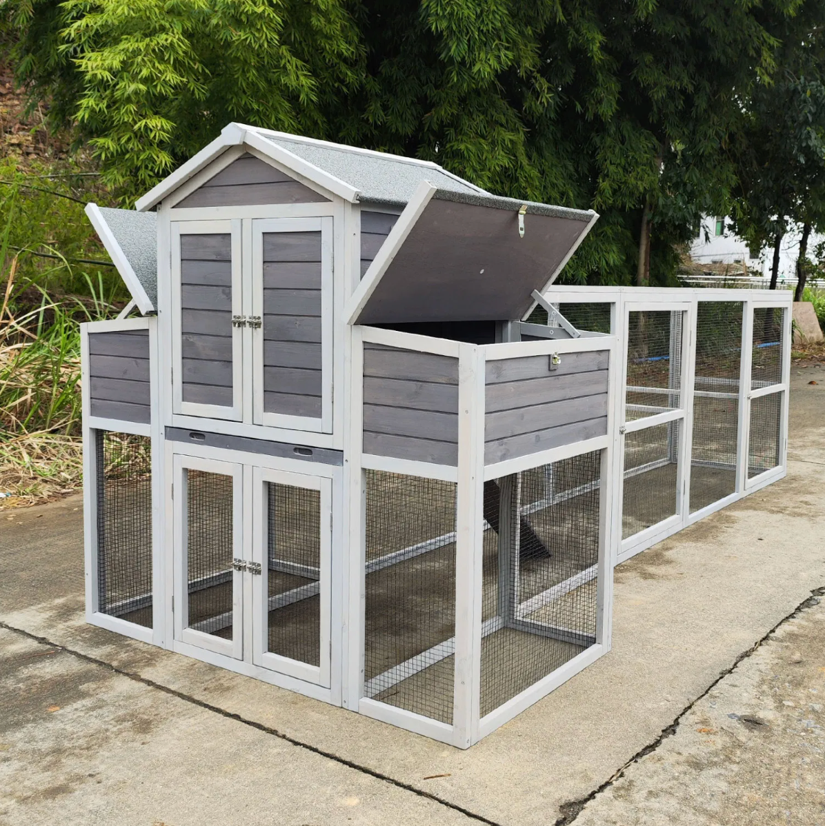 Large Chicken Coop Outdoor Wooden – Extra Large Hen House for 6-10 Chickens with Extended Run, 2 Nesting Boxes, Asphalt Roof & Rust-Proof Wire