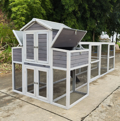 Large Chicken Coop Outdoor Wooden – Extra Large Hen House for 6-10 Chickens with Extended Run, 2 Nesting Boxes, Asphalt Roof & Rust-Proof Wire