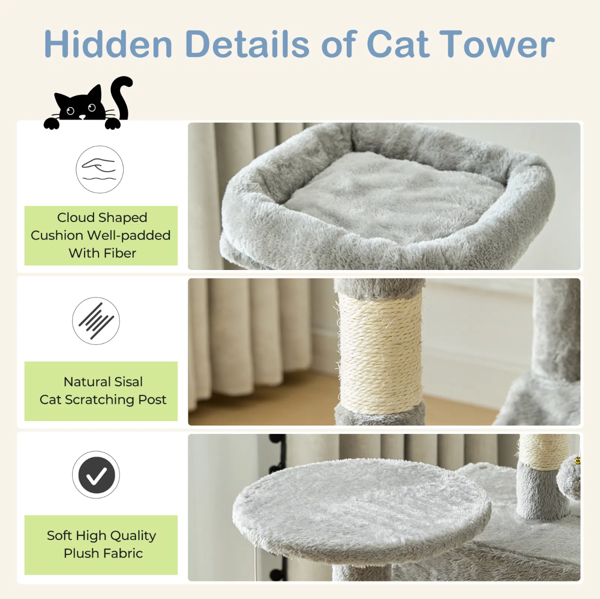 44 inch Cat Tree Tower, Multi-Cat Climbing Tower with, Natural Sisal Scratching Posts, Extended Platform, Hammock