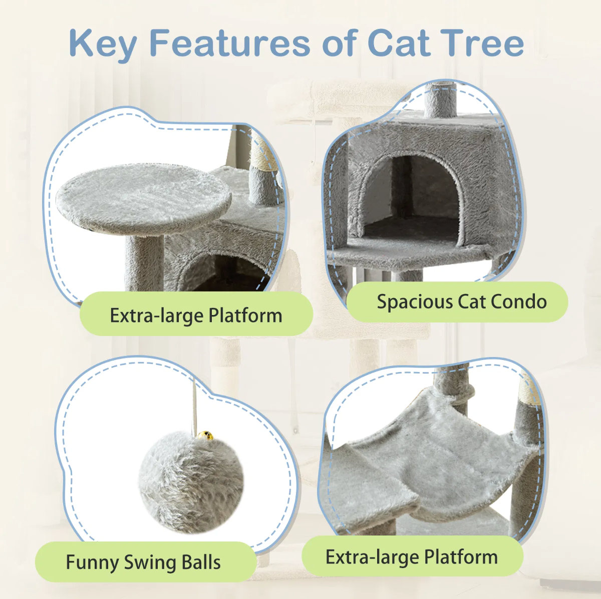 44 inch Cat Tree Tower, Multi-Cat Climbing Tower with, Natural Sisal Scratching Posts, Extended Platform, Hammock