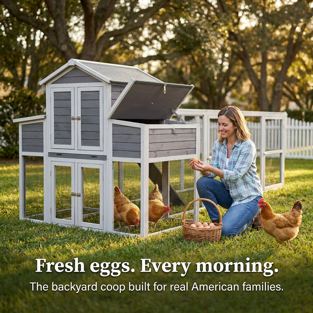Large Chicken Coop Outdoor Wooden – Extra Large Hen House for 6-10 Chickens with Extended Run, 2 Nesting Boxes, Asphalt Roof & Rust-Proof Wire