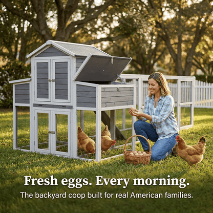 Large Chicken Coop Outdoor Wooden – Extra Large Hen House for 6-10 Chickens with Extended Run, 2 Nesting Boxes, Asphalt Roof & Rust-Proof Wire