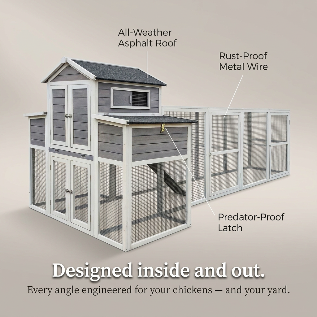 Large Chicken Coop Outdoor Wooden – Extra Large Hen House for 6-10 Chickens with Extended Run, 2 Nesting Boxes, Asphalt Roof & Rust-Proof Wire