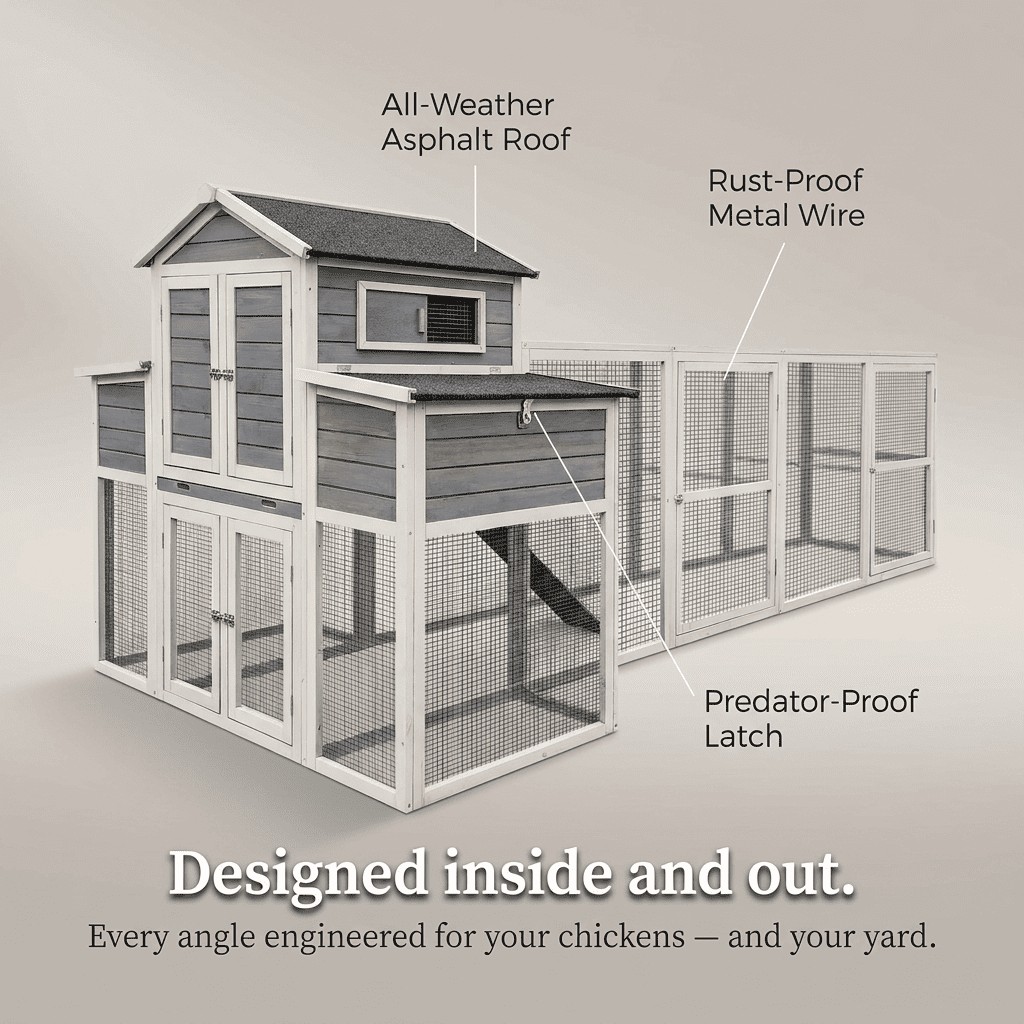 Large Chicken Coop Outdoor Wooden – Extra Large Hen House for 6-10 Chickens with Extended Run, 2 Nesting Boxes, Asphalt Roof & Rust-Proof Wire
