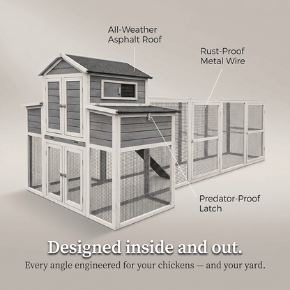 Large Chicken Coop Outdoor Wooden – Extra Large Hen House for 6-10 Chickens with Extended Run, 2 Nesting Boxes, Asphalt Roof & Rust-Proof Wire