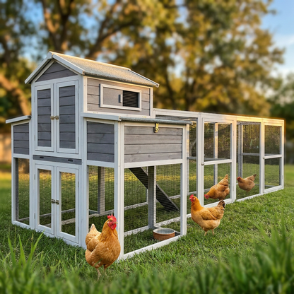 Large Chicken Coop Outdoor Wooden – Extra Large Hen House for 6-10 Chickens with Extended Run, 2 Nesting Boxes, Asphalt Roof & Rust-Proof Wire