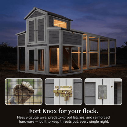 Large Chicken Coop Outdoor Wooden – Extra Large Hen House for 6-10 Chickens with Extended Run, 2 Nesting Boxes, Asphalt Roof & Rust-Proof Wire