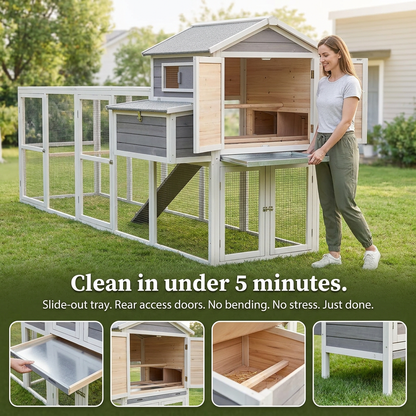 Large Chicken Coop Outdoor Wooden – Extra Large Hen House for 6-10 Chickens with Extended Run, 2 Nesting Boxes, Asphalt Roof & Rust-Proof Wire