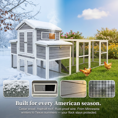 Large Chicken Coop Outdoor Wooden – Extra Large Hen House for 6-10 Chickens with Extended Run, 2 Nesting Boxes, Asphalt Roof & Rust-Proof Wire