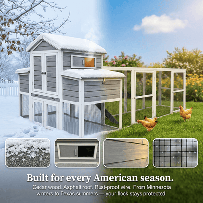 Large Chicken Coop Outdoor Wooden – Extra Large Hen House for 6-10 Chickens with Extended Run, 2 Nesting Boxes, Asphalt Roof & Rust-Proof Wire