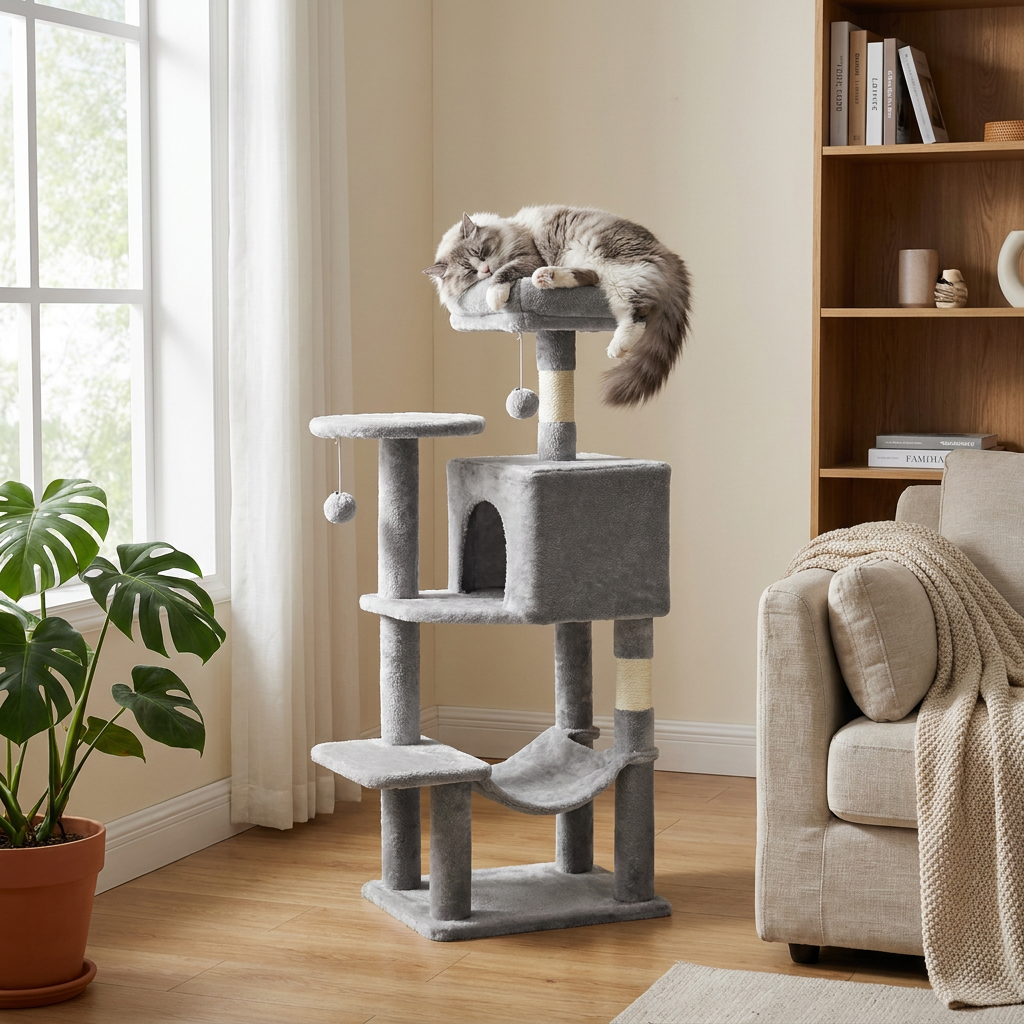 44 inch Cat Tree Tower, Multi-Cat Climbing Tower with, Natural Sisal Scratching Posts, Extended Platform, Hammock